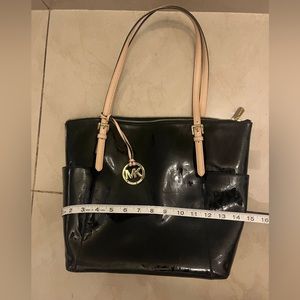 Michael Kors Black Monogram Logo Patent Leather Tote Purse